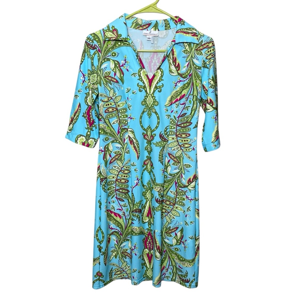 Jude Connally Blue Green Purple Paisley V-Neck Spandex Shift Dress 3/4 Sleeves
